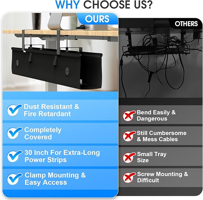 KIGJU Under Desk Cable Management Tray, 40-inch No-Drill Cord Organizer with Anti-Sag Reinforced Base, Fabric Wire Management Hider for Standing Desk, Office & Gaming Accessories - Black