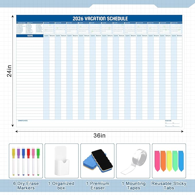 Lincia Large Magnetic 2026 Full Yearly Vacation Board Schedule Dry Erase Wall Planner Calendar Reusable Project Office Whiteboard 24" x 36" Vacation Calendar for Management, Planning, Organizing