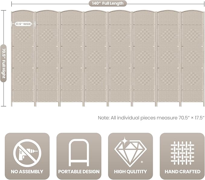 Cocosica 8 Panel Room Divider,6Ft Folding Privacy Screen,Tall - Extra Wide Foldable Panel Partition Wall Divider with Diamond Double-Weaved Hand-Woven Design Room Screen Divider