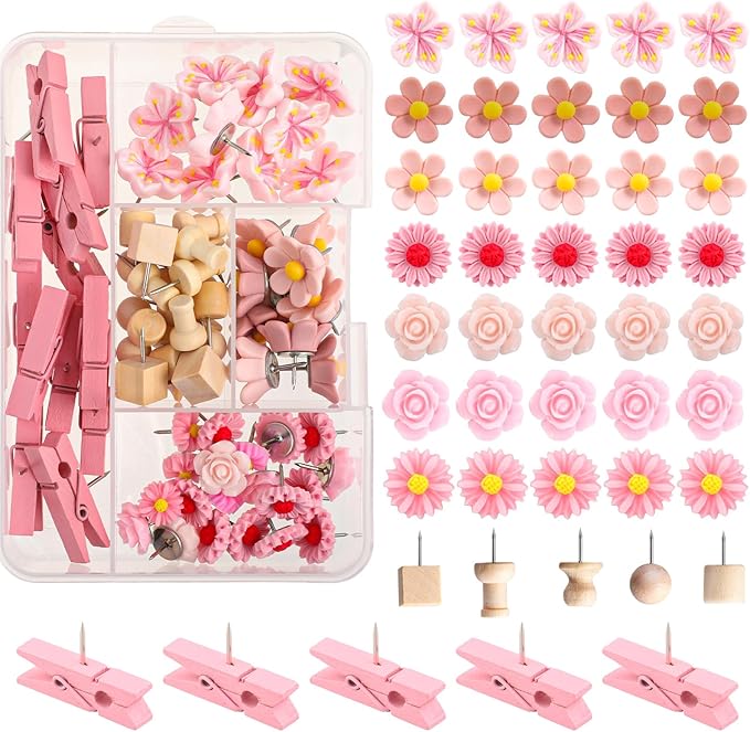 78 Pieces Push Pins Set Cute Thumb Tacks Decorative Flower Push Pins for Wall Cork Board Bulletin Boards with Storage Box（Pink Style）