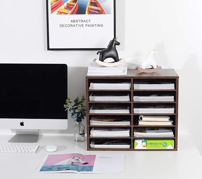 TQVAI Wood Literature Organizer, 12 Slots Hold 6000 Sheets A4 Papers, Wooden Desk Paper File Storage Organizer with Adjustable Shelves, Mailbox Cubbies for Office Home Classroom, Archaize