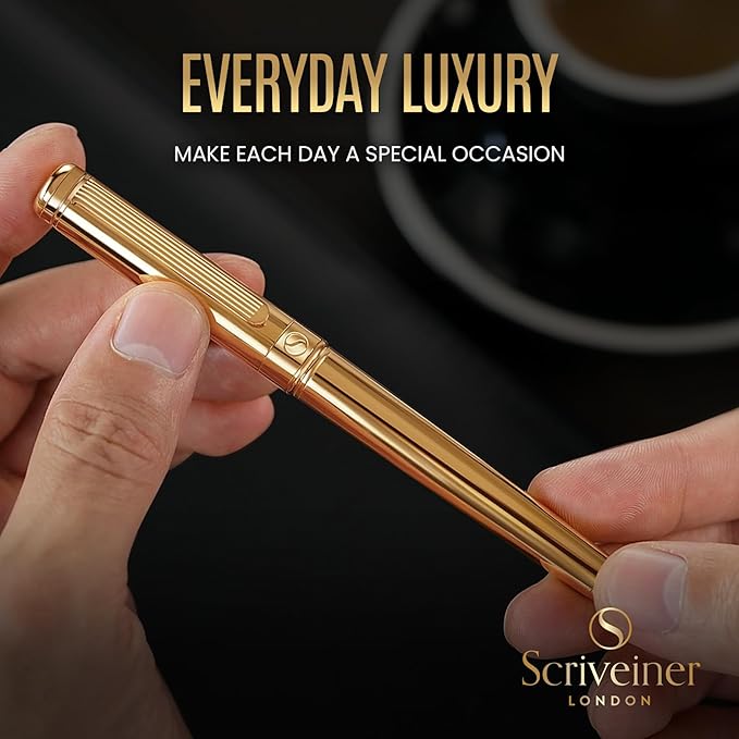 Scriveiner Luxury Fountain Pen - Stunning Luxury Pen, Real Gold Finish, Schmidt Gilded Nib (Fine), Converter, Best Pen Gift Set for Men & Women, Professional, Executive, Office, Nice Pens