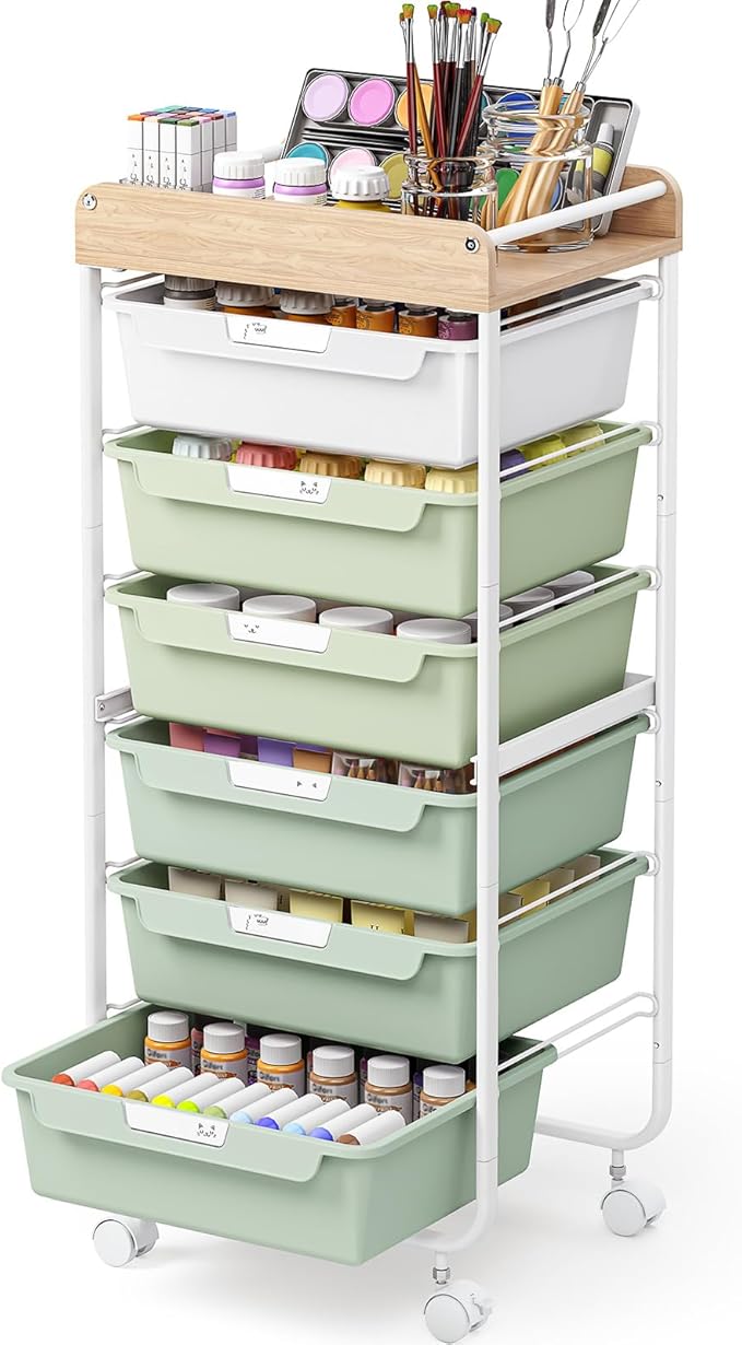 Rolling Storage Utility Cart With 6 Drawers,Art Supply Craft Organizer,Sewing Makeup Organizer And Storage,Office Organization Wooden Tabletop,Green