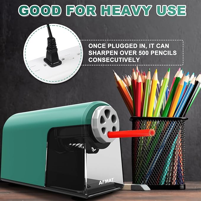 AFMAT PSX2 Heavy Duty Electric Pencil Sharpener 6 Holes, Classroom Pencil Sharpener for 6-11mm Pencils, Auto Stop, Super Fast, Save Pencils, School Teacher Must Have Pencil Sharpeners Plug in, Green
