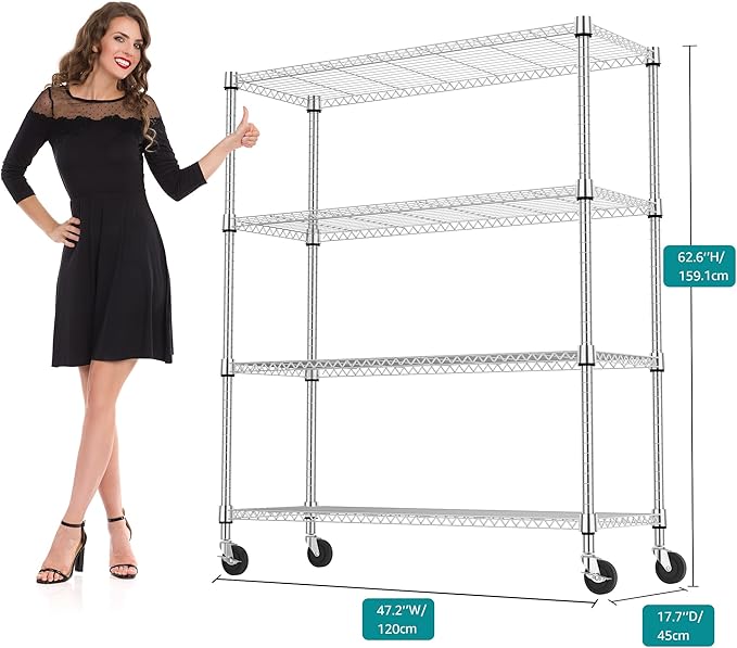 M MZG 4 Tiers Shelf 1400 lbs Steel Storage Shelving Utility Shelving Unit Steel Organizer Wire Rack for Home,Kitchen,Office,Garage Chrome 17.7" D x 47.2" W x 62.6" H