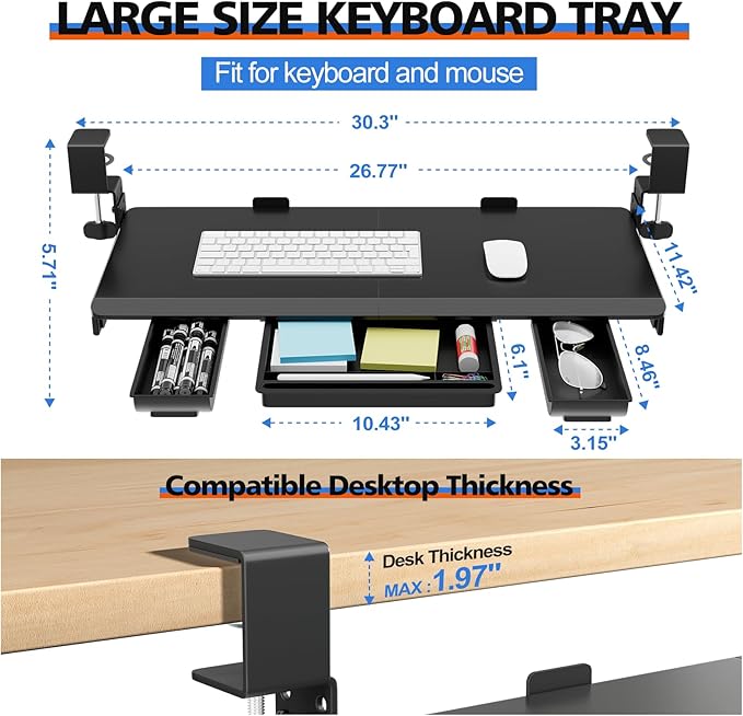 OUKMIC Large Height Adjustable Keyboard Tray with Sturdy C-Clamp Mount and Storage Drawer, 27"(31" Including Clamps) x 12" Slide Out Ergonomic Keyboard Trays for Home and Office, Black