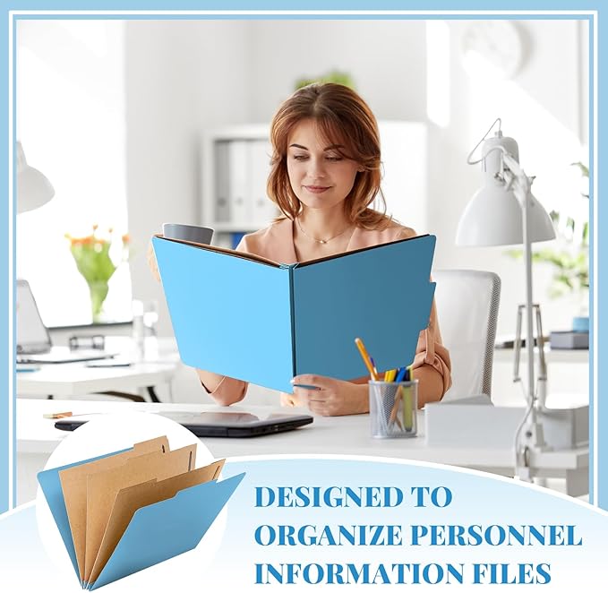12 Pcs Classification Folders Letter Size 3 Pocket Dividers Employee File Folder with 2 Prongs Fasteners, 2 in Expansion Heavy Duty Pressboard File Holder for School Office Medical Document(Blue)