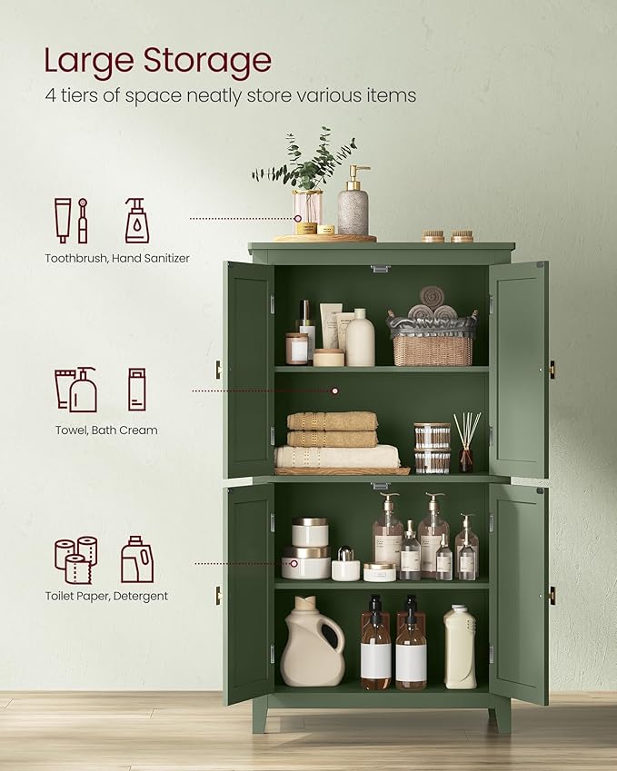 VASAGLE Floor Storage Cabinet, Freestanding Storage Unit with 4 Doors, Adjustable Shelves, 11.8 x 23.6 x 43.3 Inches, for Entryway, Bathroom, Forest Green UBBC552C01