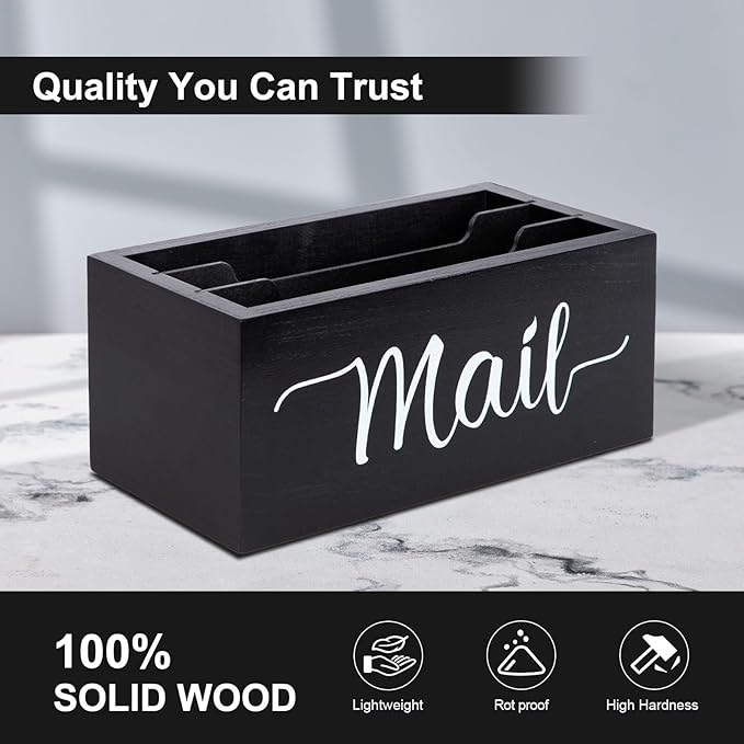 Lucundm Desk Mail Organizer, Mail Organizer Countertop with 3 Slots, Wood Desk Mail Storage Box, Envelop Holder for Home Office (Black-3 Slot)