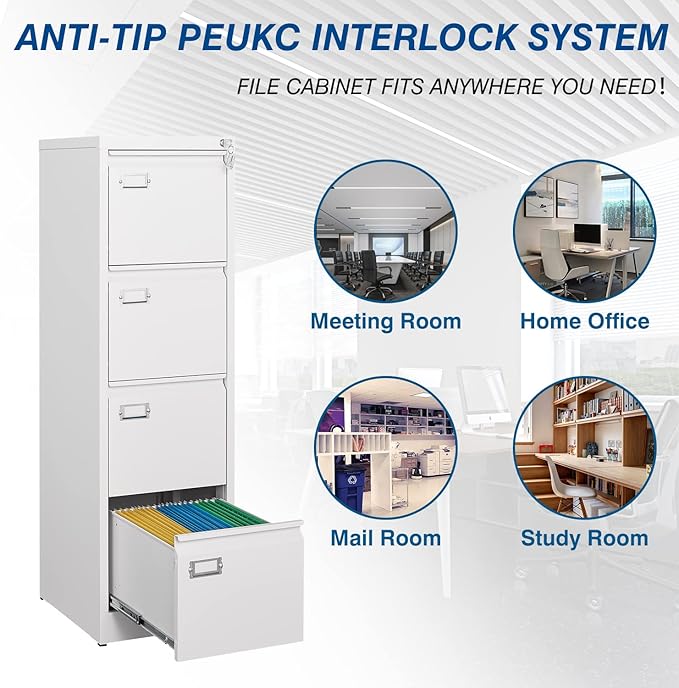 PEUKC 4-Drawer File Cabinet, 16.3" Deep Vertical Filing Cabinet with Lock, Metal File Cabinet for Home Office, Anti-Tip 4 Storage Drawers for Letter/Legal/A4/F4 Size (Assemble Required, White)