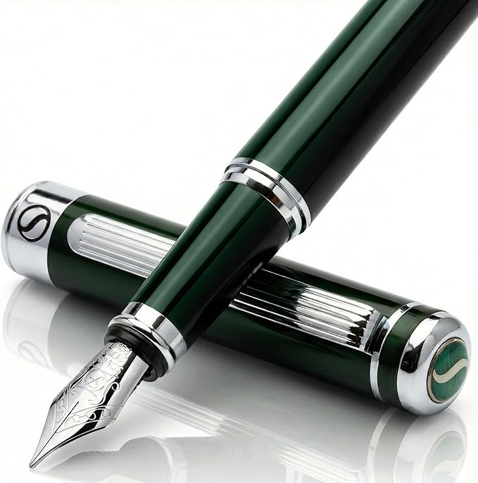 Scriveiner British Racing Green Fountain Pen - Stunning Luxury Pen with Chrome Finish, Schmidt Nib (Fine), Best Pen Gift Set for Men & Women, Professional, Executive, Office, Nice Pens