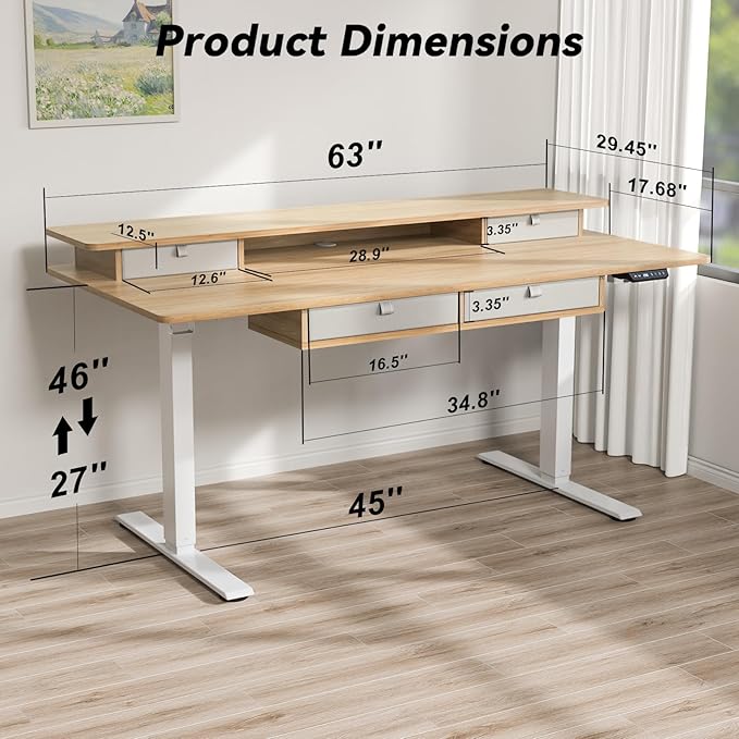 FiCiHi Adjustable Height Standing Desk with 4 Drawers,63 x 30 inches Electric Sit Stand Home Office Desk with Two Tiers, 3 Memory Presets, Monitor Stand Riser, USB A/C Charging Port