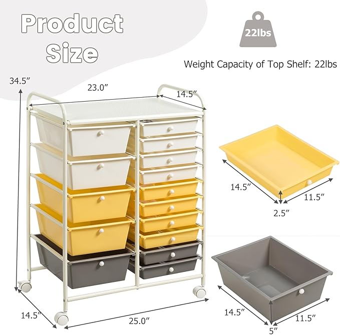 GLACER 15 Drawers Rolling Cart, Storage Cart with w/Removable Drawers & Steel Frame, Multipurpose Organizer Cart w/Sleek Handle, Utility Cart on Lockable Wheels for Home, School, Office (Yellow)