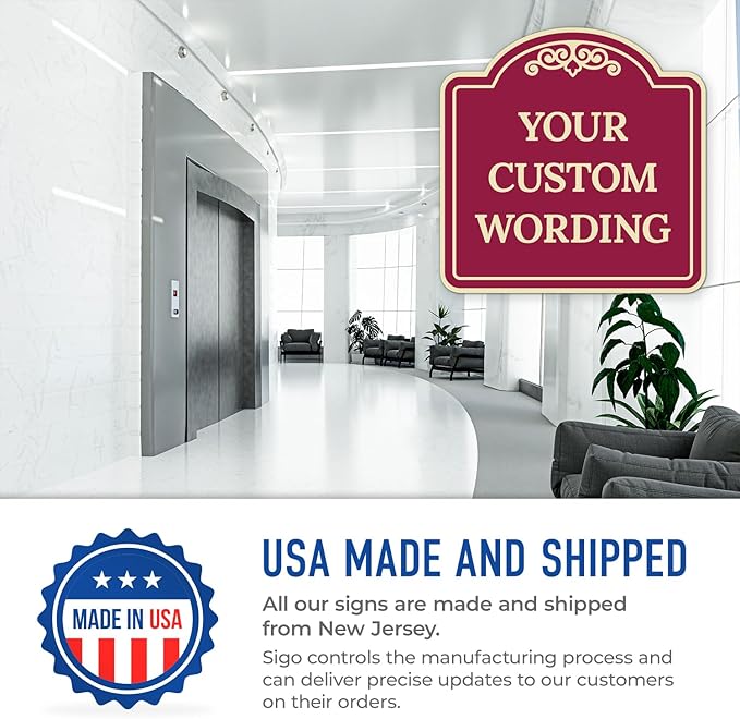 Custom Decorative Sign, Personalized Metal Sign for Business, Driveway, Home, Airbnb, Office Door Plaque,Burgundy Background Sign, 8x8 Inches, ACM, Fade Resistant, Made in USA by Sigo Signs