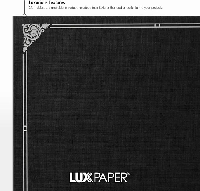 LUXPaper 9.5" x 12" Certificate Holders | Black Linen | Embossed Silver Foil Floral Border | 100lb. Cover | 250 Qty