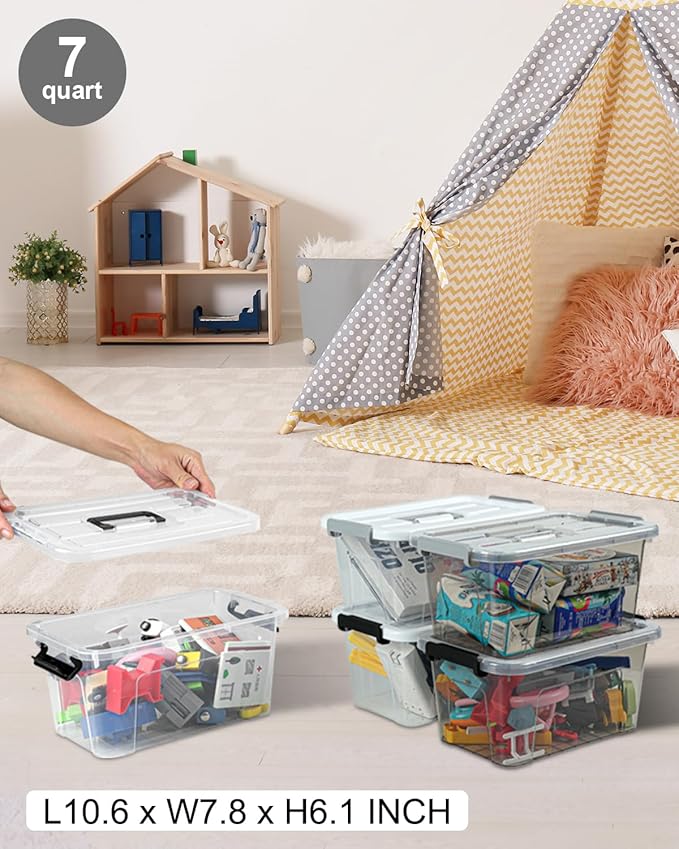 NUMIFUN Plastic Storage Bins With Lids 6 Pack Storage Organizer Bins, 7 Quart Stackable Storage Bins with Lids and Black Handle Buckle Easy for Home Office Organization, White