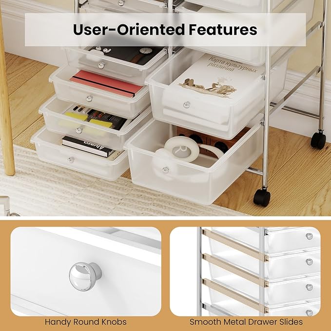 Giantex 15 Drawer Rolling Cart with Drawers, Storage Organizer Cart for Classroom Office School Teacher, Mobile Drawer Cart for Tools, Crafts, Small Printer, Clear