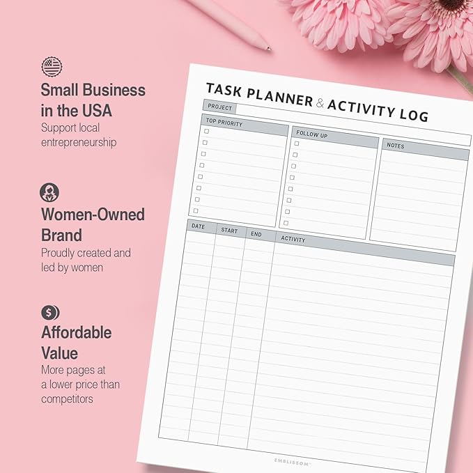 Task Planner & Tracker 8.5 x 11 Tear-Off 70 Sheet Planner Pad – Project Organizer with Time Log, Top Priority, Follow-Up – Notepad for Home & Office (White, Classic, 2 Pack)