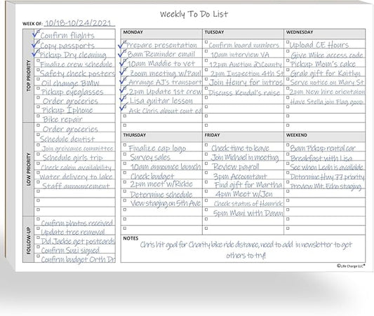 Life Charge Weekly To Do List Planner Notepad, 60 Page Task Planning Pad with Daily Checklist, Priority To-Do Checkboxes & Notes, Desk Notebook for Office Organization & Productivity, 11 x 8.5