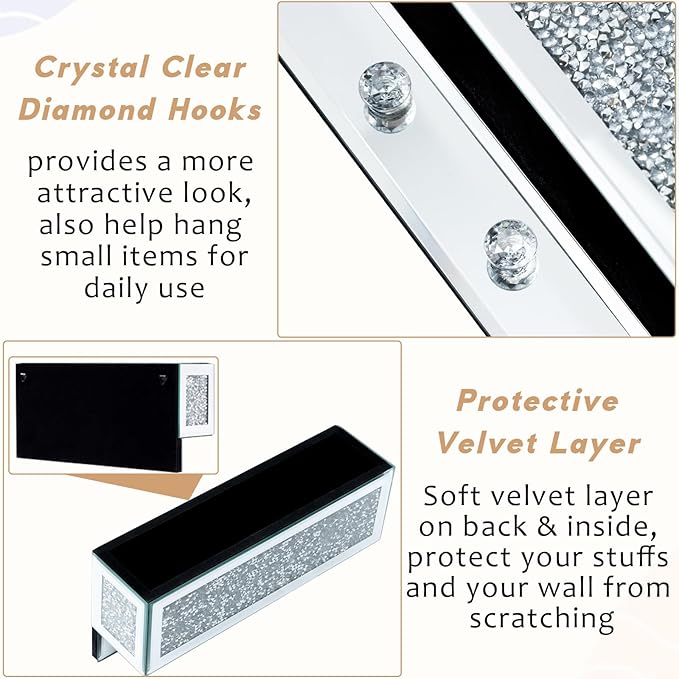 WALTSOM Crushed Diamond Key and Mail Holder for Wall, Crystal Mail Organizer Wall Mount, Mirror Mail and Key Holder Wall Mount for Entryway and Home Decor