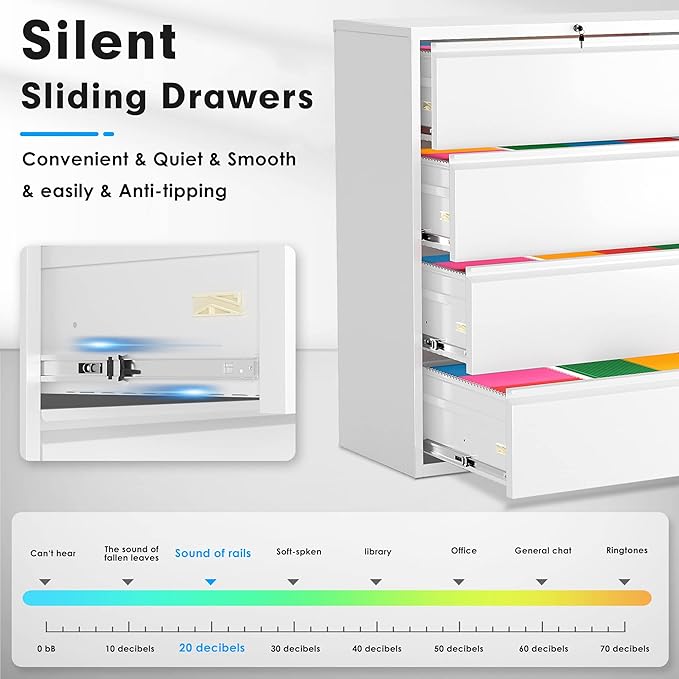 Pataku 4 Drawer File Cabinet with Lock, Metal Lateral File Cabinets for Home Office, Locking Filling Cabinets for Hanging Files Letter/Legal/F4/A4 Size(4Drawer/White)