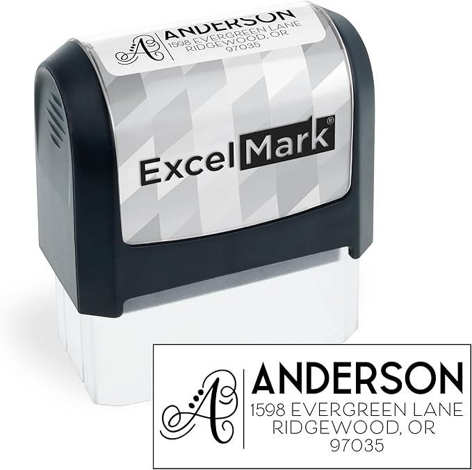 ExcelMark Address Stamp - Custom Return Address Stamp with Elegant Designs, Vibrant Colors & Patterns – Perfect for Mail, Invitations & Gifts (Black Mount, Script Swirl)