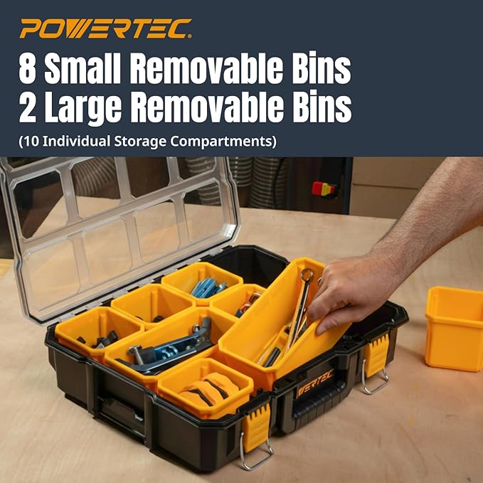 POWERTEC Small Parts Organizer & Tool Box – 10 Compartments, IP65 Water & Dust Protection, Stackable Storage with Interlocking Latch, Removable Tray, Clear Lid, Portable Design (72365)