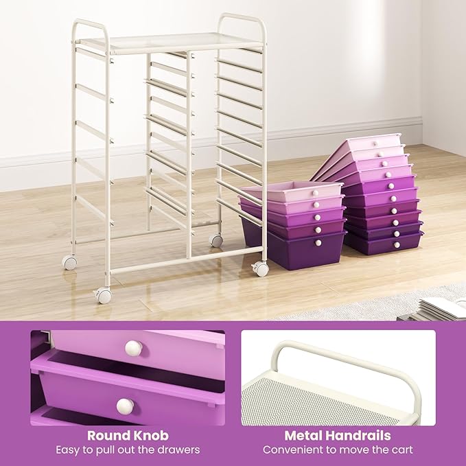 COSTWAY 15-Drawer Rolling Storage Cart, Mobile Utility Cart with Heavy-duty Frame & Lockable Wheels, Multipurpose Storage Organizer for Paper, Office, School, Purple Gradient
