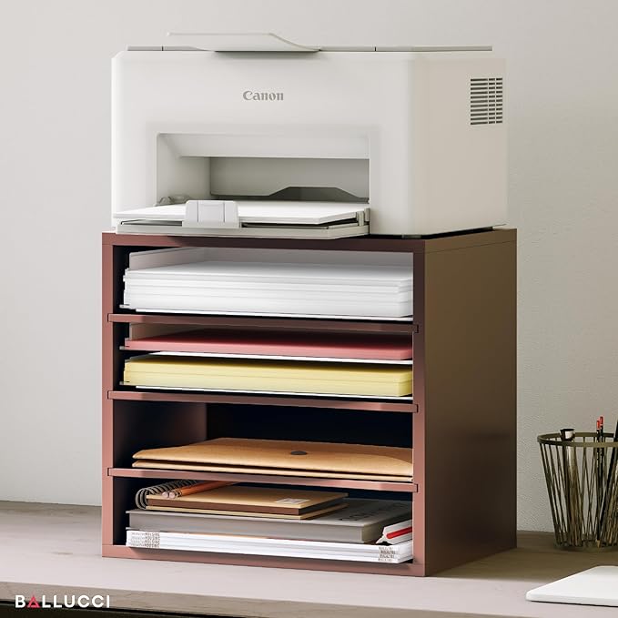 Ballucci 4-Tier Paper Organizer, Desk File Organizer, Stackable Letter Tray, Wood Mail Sorter with Adjustable Storage Shelves, Office Desk Organizer, Dark Brown, Espresso