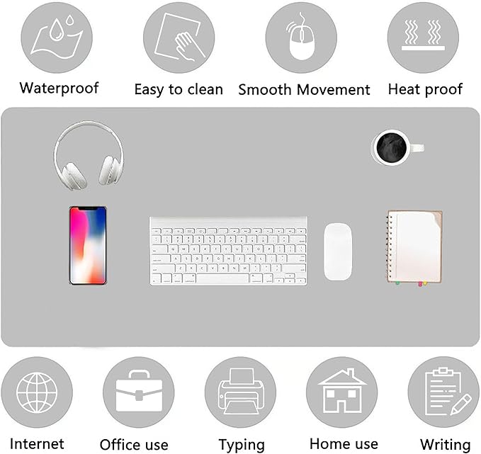 PU Leather Desk Pad Protector Gaming Mouse Pad Non Slip Desk Mat for Keyboard and Mouse Waterproof Desk Writing Pad for Office and Home Desk Accessories(Gray, 35.4 * 17.7)