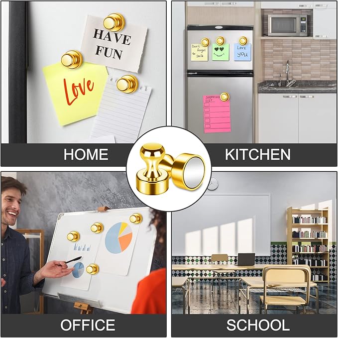 Junarter 12 Pack Magnetic Push Pins, Gold Fridge Magnets, Whiteboard Magnets, Refrigerator Magnets Strong, Dry Erase Board Magnets for Fridge, Whiteboard, Office, Classroom, Kitchen, Map