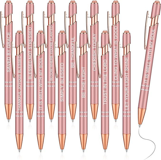 Zonon 12 Pcs Inspirational Pens Bulk Funny Ballpoint Pen with Stylus Tip Motivational Gifts for Valentine's Day Teacher Coworkers Nurse School Office Supplies(Rose Gold,Bible Style)