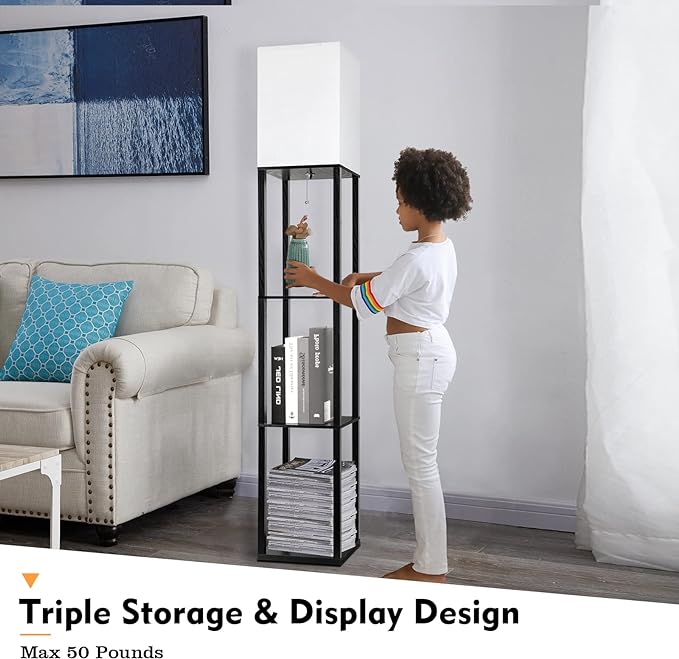 RUNTOP Floor Lamp with Shelves, Shelf Lamp with 3 Color Temperature LED Bulb,Floor-Lamp for Living Room, Modern Tall Standing Display Shelf Floor Lamps for Bedroom, Office (Black)