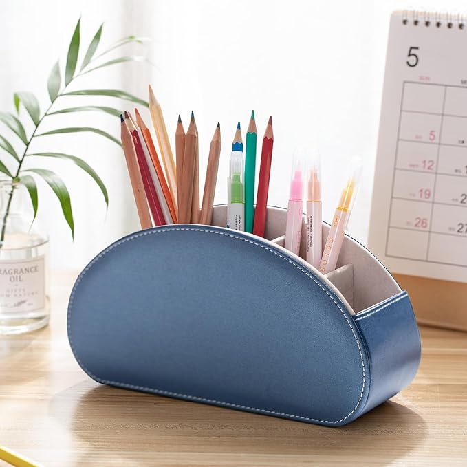 Remote Control Holders Organizer Box with 5 Compartment PU Leather Multi-functional Office Desk Storage Caddy Store Tv Remote for Media Player,Brush,Pencil,Glassees&Office Supplies (Champagne Blue)
