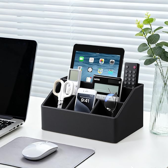 Cretkhp Remote Control Holder with 5 Compartments for Office Art Supplies, PU Leather Nightstand Organizer Pencil Pen Desk Caddy for Home, Desktop TV Remote Control Organizer Storage (Black)