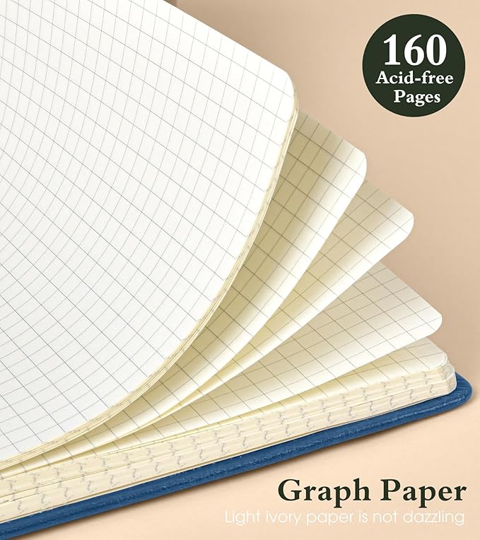 PAIBAS Graph Notebook for Women Men, 160 Pages Grid Paper, Graphing Notebooks for School, Work, Quad Ruled, Inner Pocket, A5 Hardcover Vintage Leather Journals for Writing, 5.8"x8.5" (Navy)