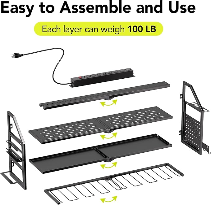 YFFSRJDJ Power Tool Organizer Wall Mount with Charging Station, 8 Drill Holder with 8-Outlet Power Strip, Garage Cordless Drill Storage and Organization, Battery Utility Rack