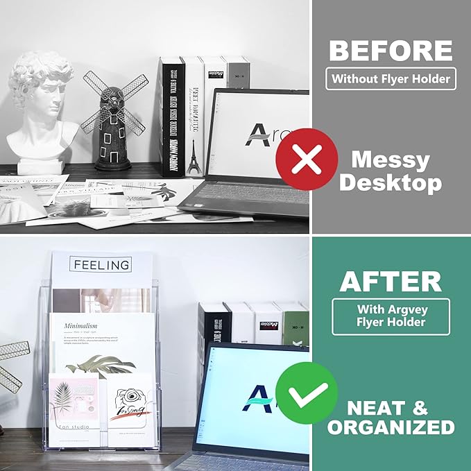 Argvey Acrylic Brochure Holder 8.5 x 11 inches, 3 Tier Clear Literature Holder with Removable Divider for Trifold 4 Inches Wide Pamphlet, Plastic Flyer Display Stand for Magazine, Document, Booklet