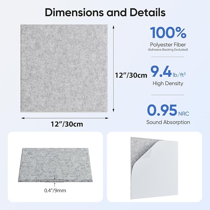 UNECHO 12 Pack 12" X 12" X 0.4" Acoustic Panels for Wall Sound Absorbing,Square Self-Adhesive Sound Panels, High Density Suitable for Multiple Scenarios(Silver Gray)