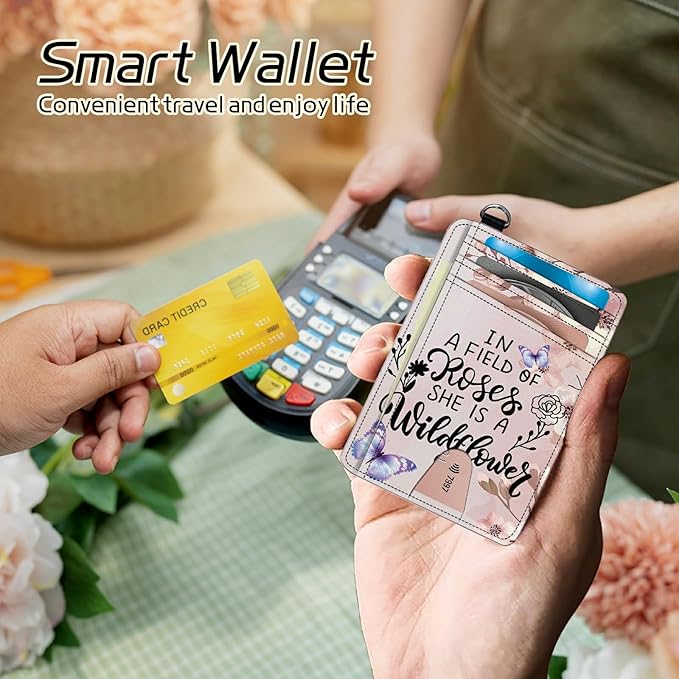 BWEGRHE Small Travel Wallets, Sakura Butterfly Slim Minimalist Front Pocket Wallet with Wristlet, RFID Blocking PU Leather Credit Card Holder with ID Window Change Purse for Men Women