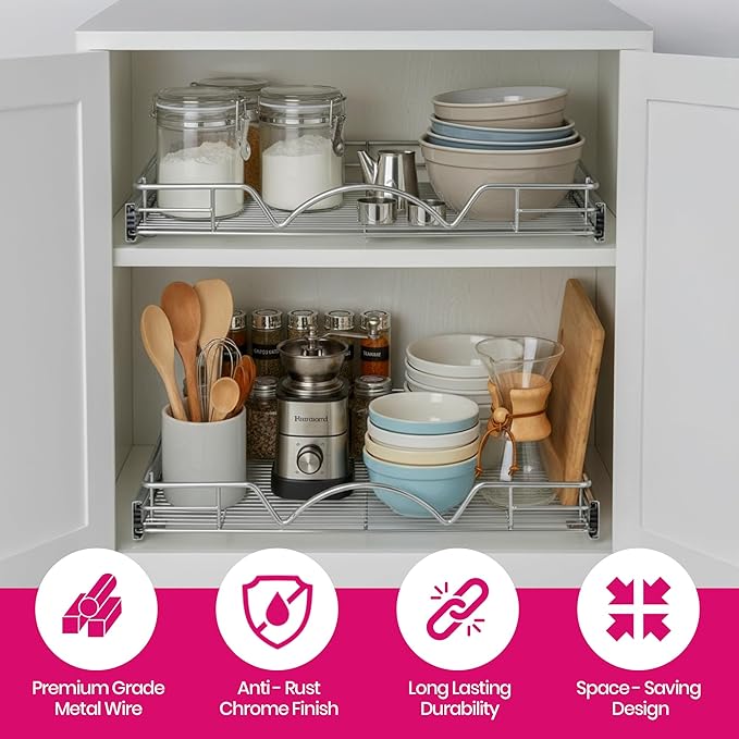 HOLDN’ STORAGE Pull Out Cabinet Organizer, Heavy Duty Caddy w/Lifetime Limited Warranty -26”W x 21”D - Requires At Least 27-1/4” Cabinet Opening, Steel Metal Cabinet Drawers Slide Out, Chrome