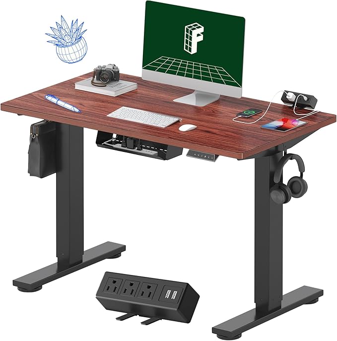 FLEXISPOT EN2 Whole-Piece Standing Desk with Clamp Power Strip, 40 x 24'' Electric Stand Up Height Adjustable Desk with Cable Management (Black Frame + 40" Mahogany Top, 2 Packages)