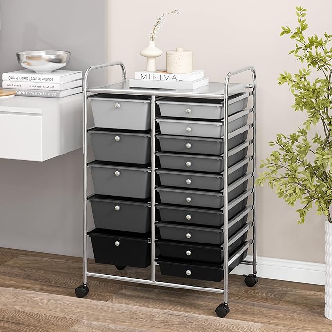 DORTALA 15-Drawer Rolling Storage Cart with Drawers, Rolling Utility Cart w/Removable Drawers & Universal Wheels, Tools Scrapbook Paper Organizer for School, Office, Home, Classroom (Gradient Black)