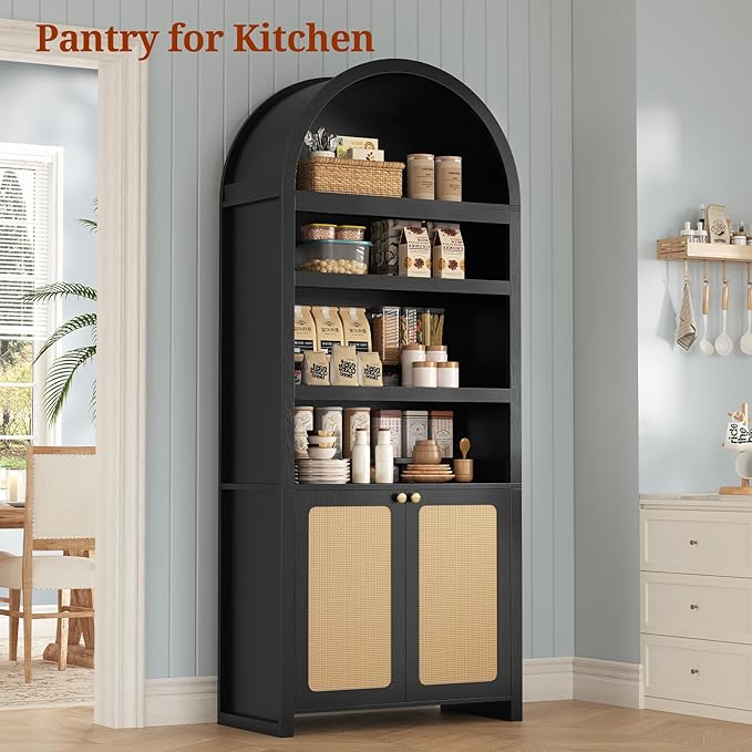 81" Tall Arched Cabinets,Bookcase with storage,Mid-Century Modern 6-Tier Bookshelf with Door,2 Book Risers and Adjustable Shelves offering more storage space for Living Room,Home Office,Black+Oak