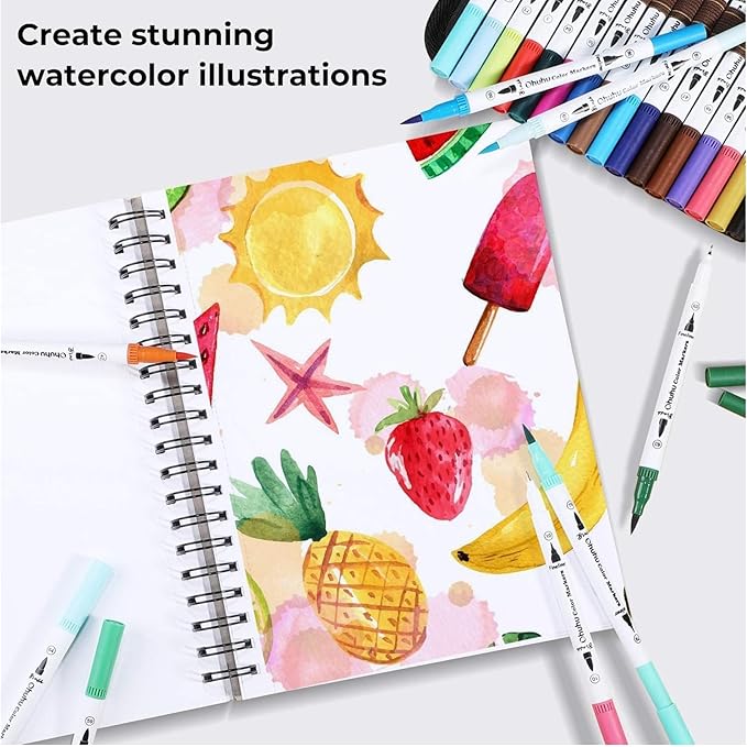 Ohuhu Markers for Adult Coloring Books No Bleeding 120 Colors Water-based Dual Tips Fineliner & Brush Coloring Markers for Kids Adults Beginners Drawing Pens for Journaling Lettering - Maui - White