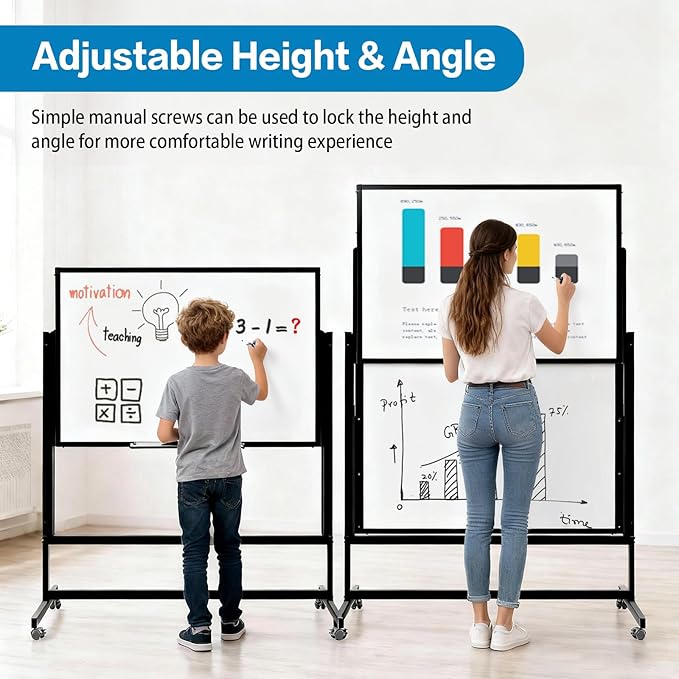 48 x 60 Inch Height Adjustable Dry Erase Whiteboard with Stand and Wheels, Mobile Dry Erase Board with Double-Sided Magnetic Whiteboard for School, Office, or Home, Black