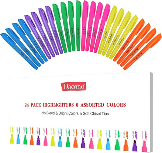 Dacono Highlighters Assorted Colors, Highlighters for School with Soft Chisel Tips, Bible Highlighter No Bleed, Quick-Drying Highlighter Markers for Teacher Students, Classroom Must Have, 24 Pack