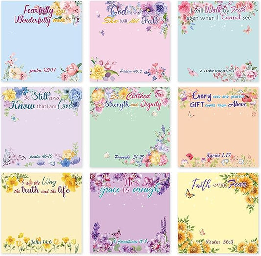 Lovarywow Bible Sticky Notes Gifts - 9 Pack Inspirational Sticky Notes 3x3 Religious Bible Verse Quotes Gifts for Christian Women Biblical Post Notepads School Office Supplies 450 Sheets