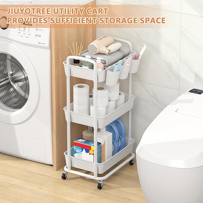 JIUYOTREE 3-Tier Plastic Rolling Storage Cart Utility Cart with Extra Hanging Cups Handles Lockable Wheels for Living Room Bathroom Kitchen Office White
