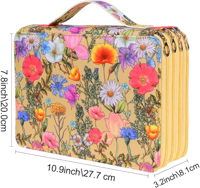 Vomgomfom Colored Pencil Holder - 200 Slots Large Capacity Case with Zipper Closure Twill Fabric, Yellow Flower Pattern for Watercolor Pens, Markers, Artists